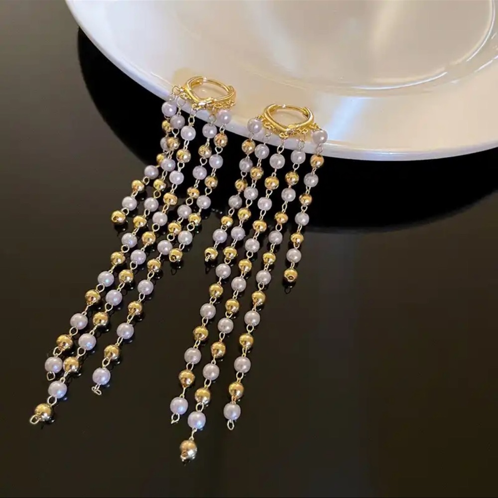 Long Gold and White Pearl Tassels Earrings - Picture 3 of 7